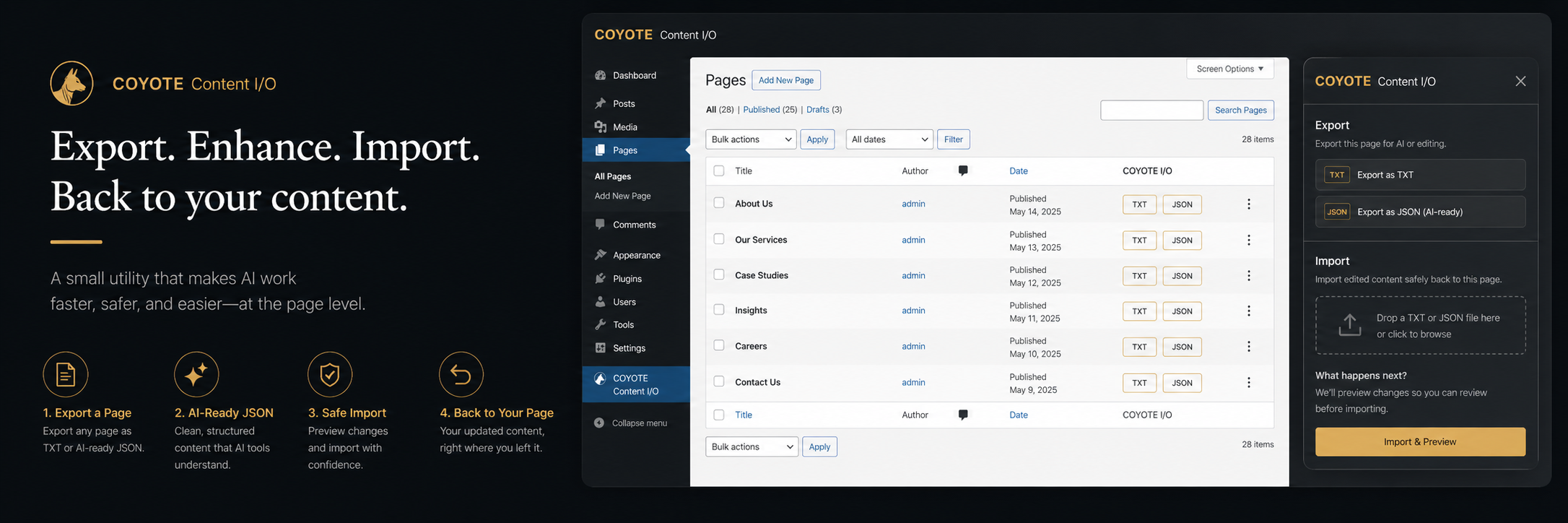 COYOTE Content I/OのTXT出力・JSON出力・取込画面イメージ